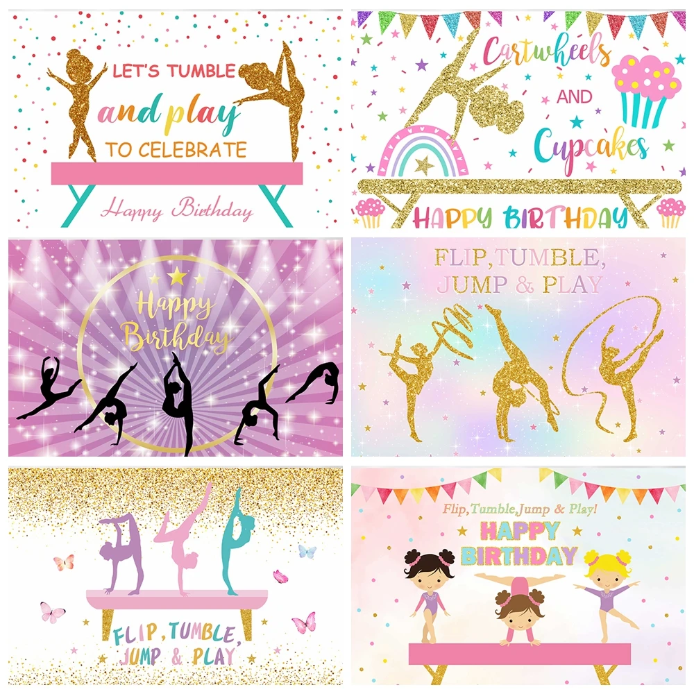 

Girl Gymnastics Background Children Birthday Photography Gymnasts Tumbling Flip Jump and Play Backdrop Party Photo Decorate