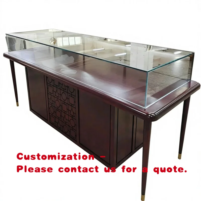 custom.Custom Dark Wood Carved Glass Display Luxury Retail store