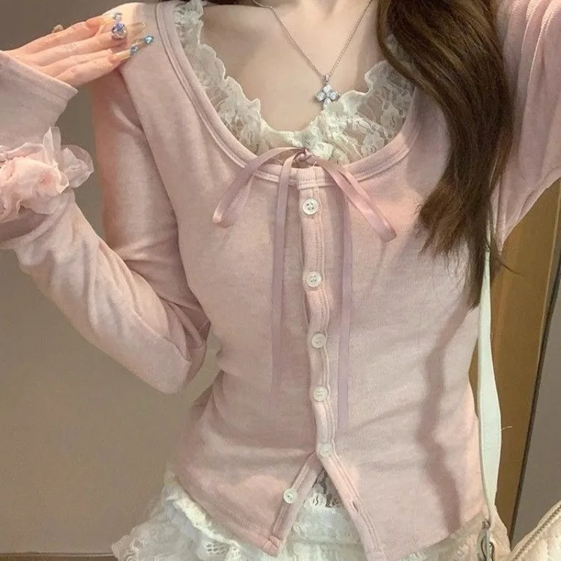 

Women Spring Autumn New Style Slimming Slimming Fake Two Long-sleeved Base Layer Tops Women Pure Desire Lace Patchwork T-shirt