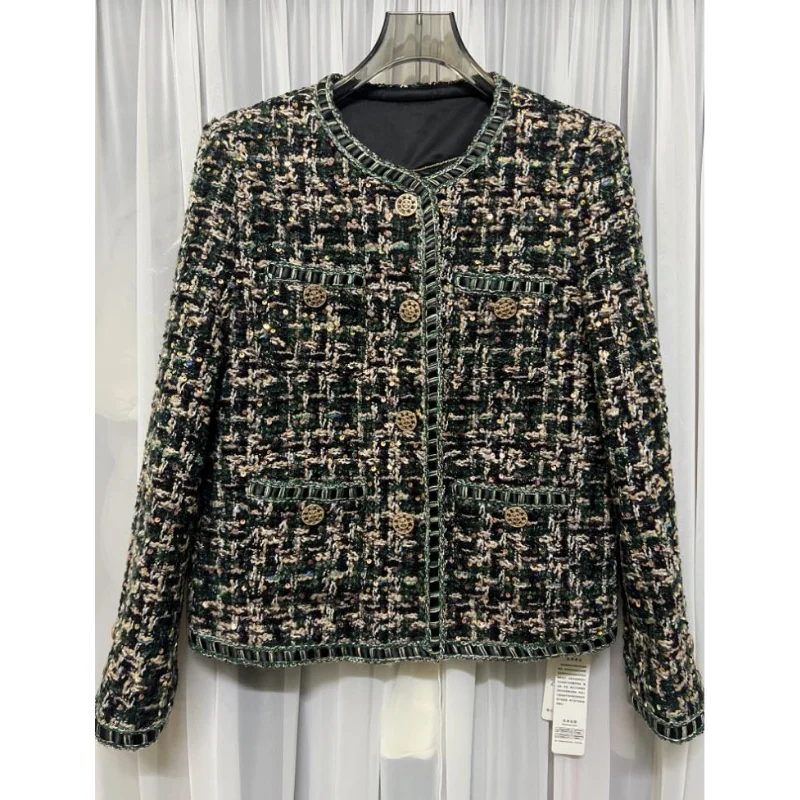 Imagem -03 - Jaqueta de Tweed Francesa Vintage de Manga Longa Feminina Jaqueta com Fragrância Pequena Cabolsa Solto Casual Verde Escuro Alta Qualidade Primavera Outono