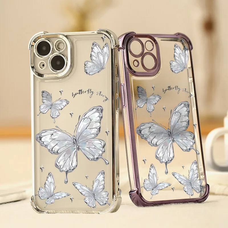 Casing pelapisan kupu-kupu perak berkilau, untuk Samsung Galaxy A55 5G A15 A16 A26 A35 A34 A14 A06 A05 A05S A04 A53 A52 A12 A24 A25 A32