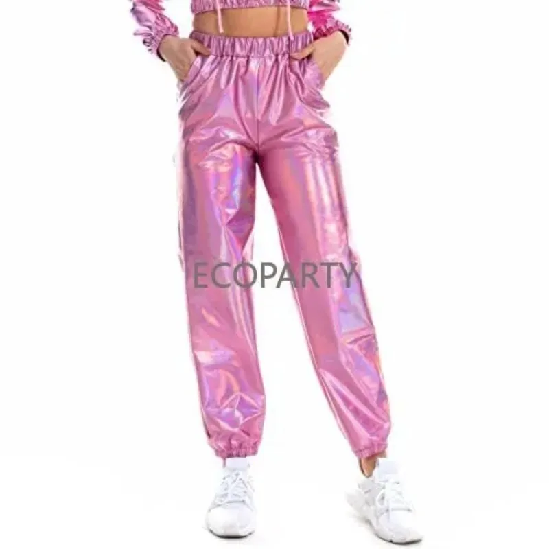 Fenyong-Pantalones metálicos brillantes para mujer, pantalón de chándal holográfico de discoteca para los años 70 y 80, disfraz de Halloween de Alien Space Cowgirl, ocio