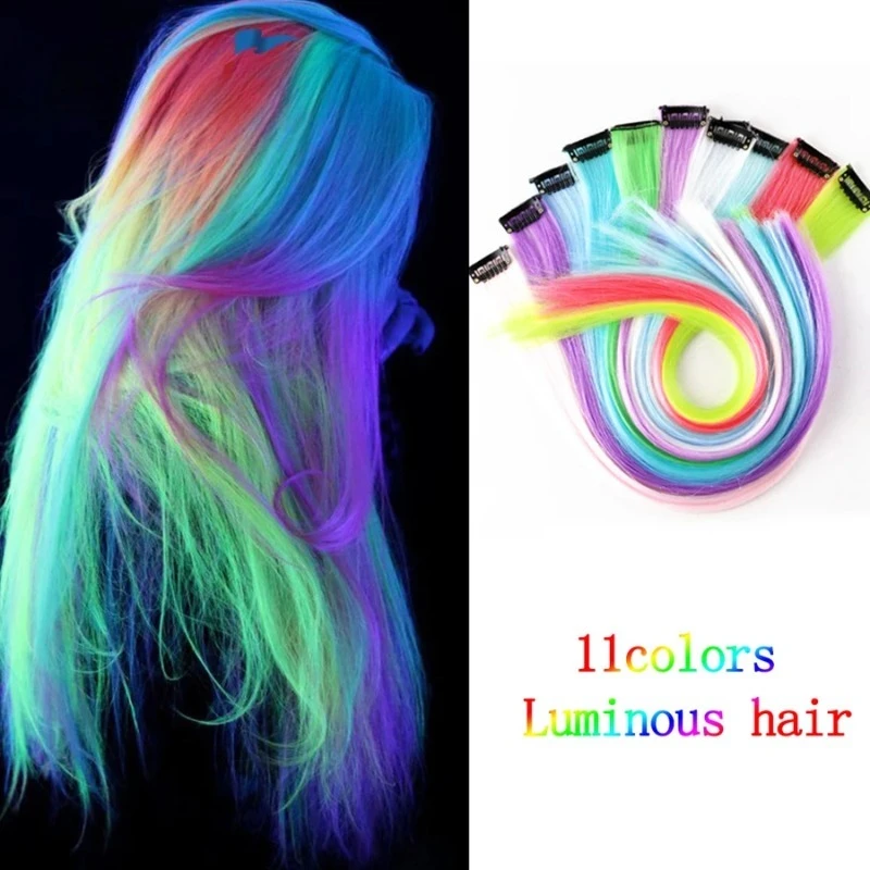 11pcs  Glow in Dark Clip in Hair Extensions Fluorescent Rainbow Synthetic Hair Invisible Clips for Women Party