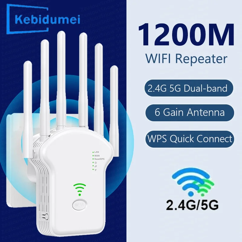 WiFi Repeater Wireless Router 1200Mbps 2.4G 5G High Gain 6 เสาอากาศสัญญาณฝาครอบ Extender เครือข่าย Amplifier Range สัญญาณ booster