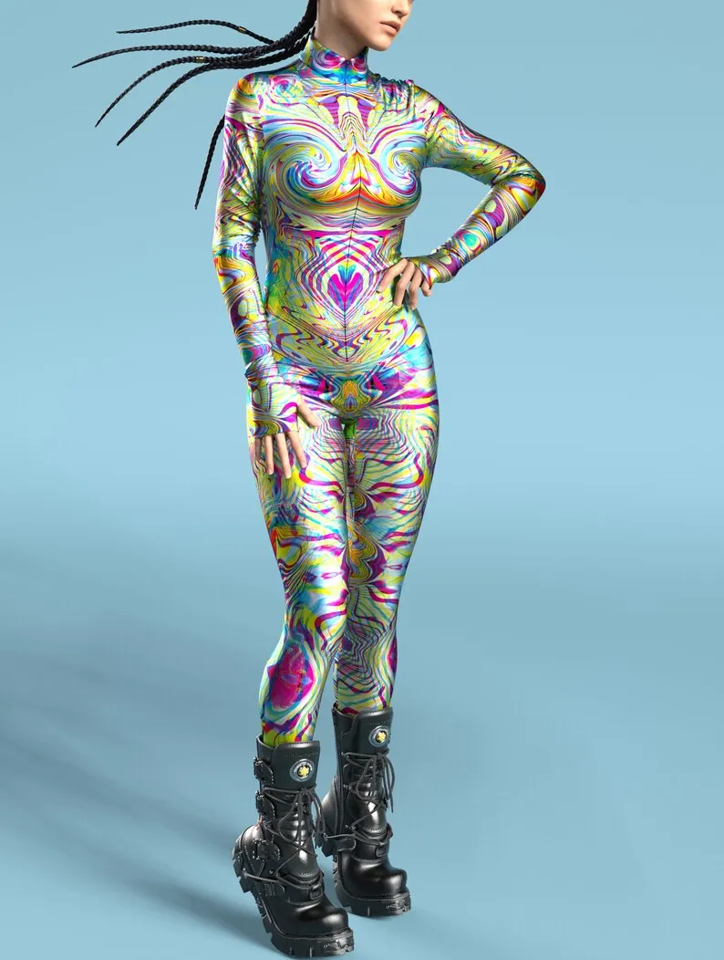 Mehrfarbiger Totenkopf-Print-Kostüm, Damen-Body mit Reißverschluss vorne, Halloween-Party, Karneval, Festival, Bühnenauftritt, Catsuit-Kostüm – Detail 4