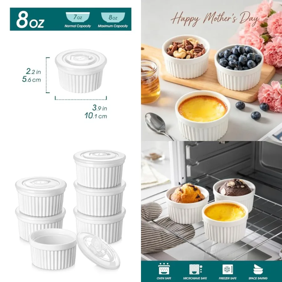 Ramequines con Tapa, Platos de Porcelana para Crème Brûlée y Soufflé, Tazas para Pudín y Crema, Aptos para Horno y Lavavajillas