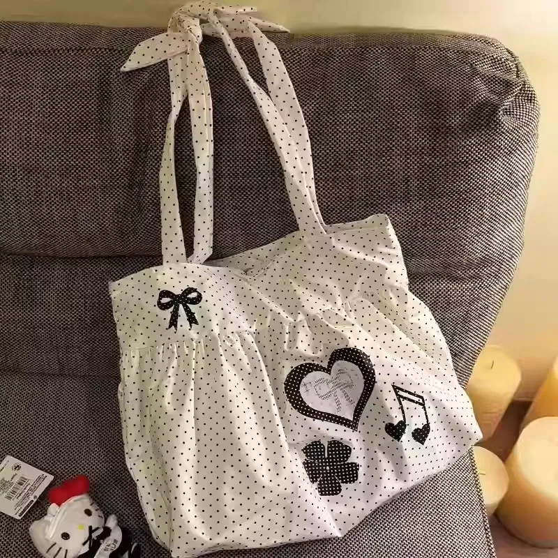 Koreanische Polka Dot Umhängetasche Damen Nylon Einkaufstasche Niedliche Schleife Love Note Bedruckte Einkaufstasche Rock Design Magnetschnalle Achseltasche – Detail 11