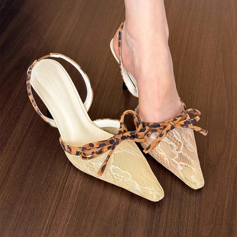 

2025 Summer New Women Toe Cap Back Strap Shallow Toe Sandals Women Mesh Lace Pointed Toe Leopard Print Stiletto Thin Heels Women