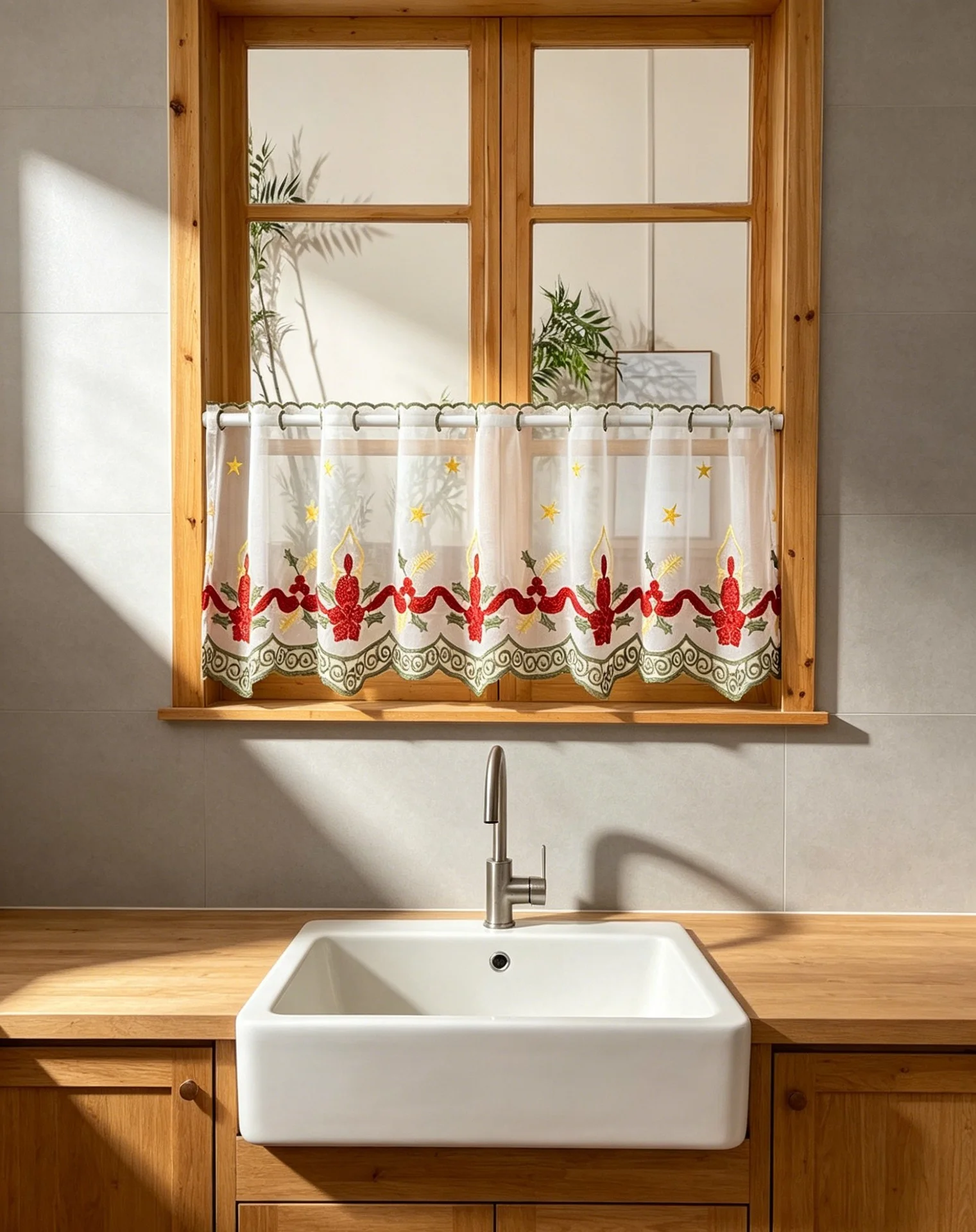 1PC Christmas Candle Embroidered Kitchen Tier Curtain, Semi-Sheer Short Window Valance With Scalloped Lace Trim