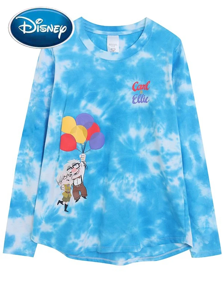 Disney Carl and Ellie Tie-Dye Letter Cartoon Print T-Shirt Fashion Women O-Neck Pullover Long Sleeve Tee Tops Female Streetwear