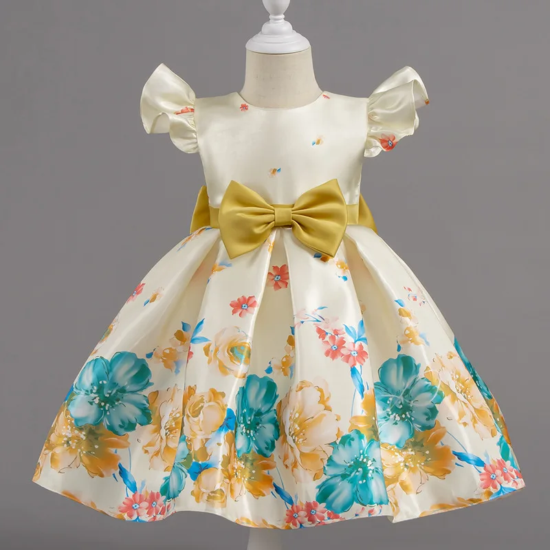 

Girls' Summer New Random Printed Birthday Party Fluffy Skirt Bow Dress Fashionable and Elegant