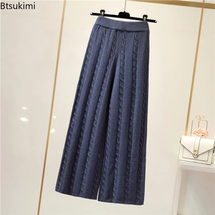 الشتاء محبوك بنطال ذو قصة أرجل واسعة المرأة عالية الخصر قطرة فضفاضة محبوك مستقيم الساق السراويل عادية اقتصاص بنطال ذو قصة أرجل واسعة للنساء