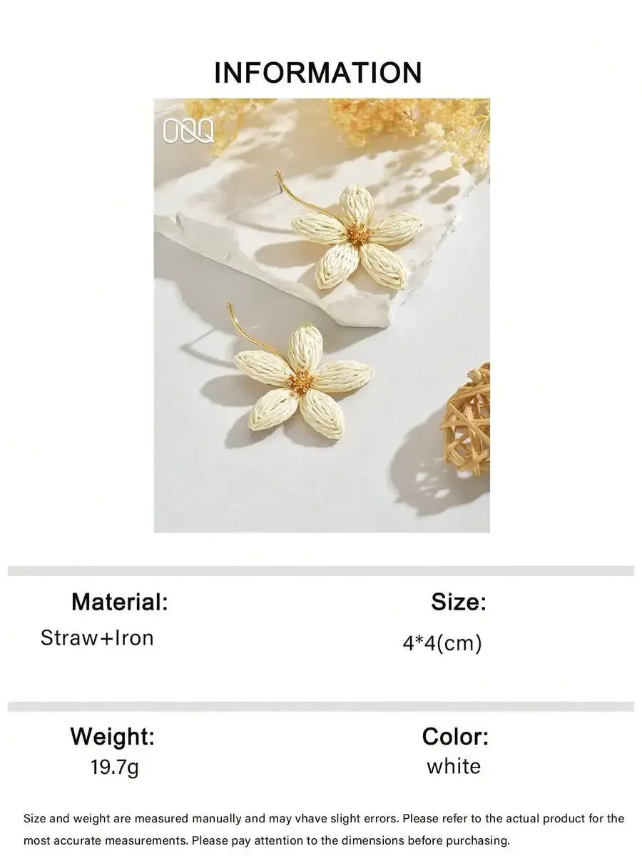 OOQ 1 Pair Fashion Textured Line Geometric Five-Petal Chrysanthemum Bicolor Handwoven Raffia Earrings, Fresh And Sweet