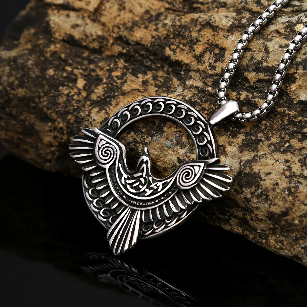 

100pcs/lot jewelry wholesale steel color titanium steel Odin crow pendant for men's retro fashion stainless steel necklace