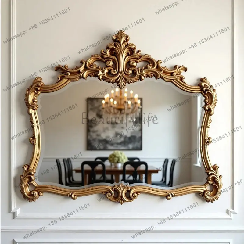 

Vintage carved makeup mirror wall hanging light luxury high definition French living room decorative mirror