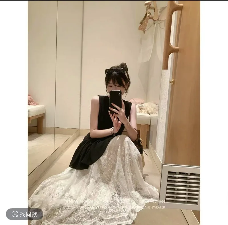 

Hot Girl Suit Women's O-neck Sleeveless Tank Top High Waist Lace Mesh A-line Long Skirt Two-piece Set Fashion Female Clothes