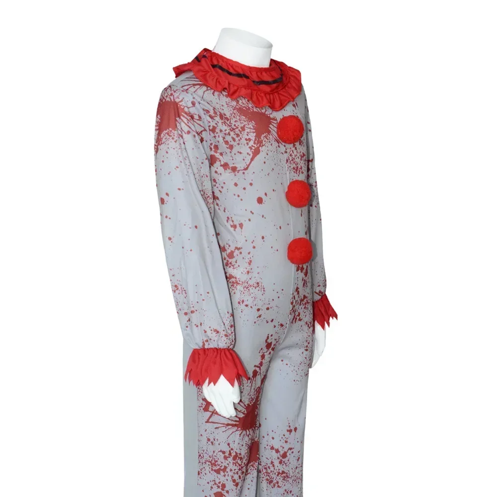 

Movie Killer Clown Joker Costume for Child Scary Horror Gray Jumpsuit with Blood Fancy Hallween for Boys