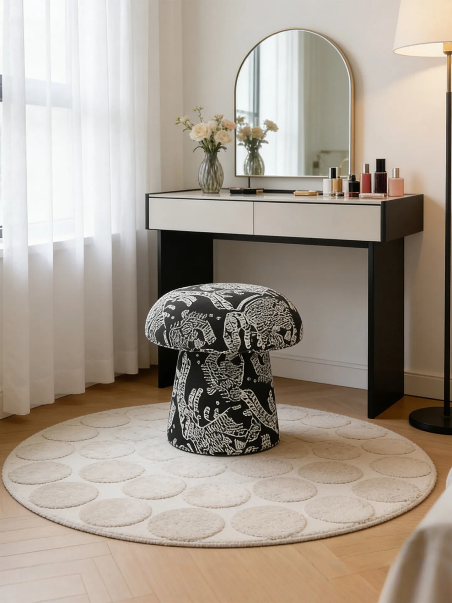 Mid Century Vintage Luxury Creative Upholstered Mushroom Stool Vanity Makeup Shoe Changing Seat for Girl Bedroom Entryway view 3