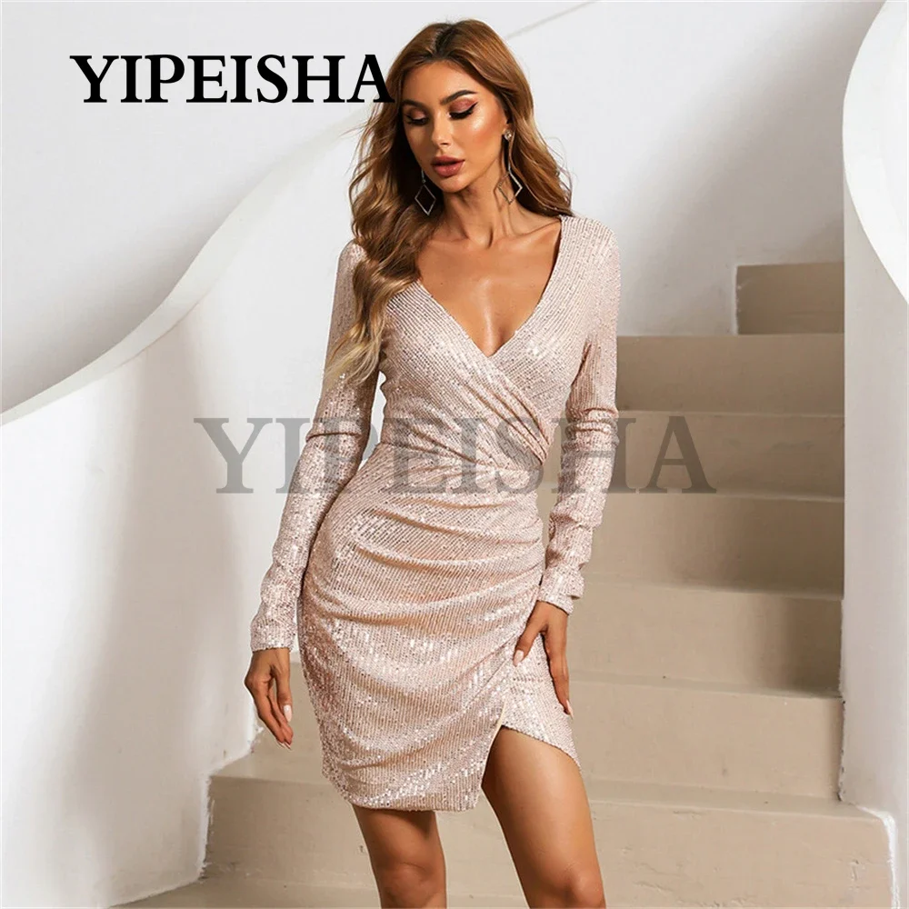 

Customized A Simple V-neck Mini Ball Dress With Long Sleeves, Tight Sequins, And Short Styles Is An Elegant Choice For Evening D