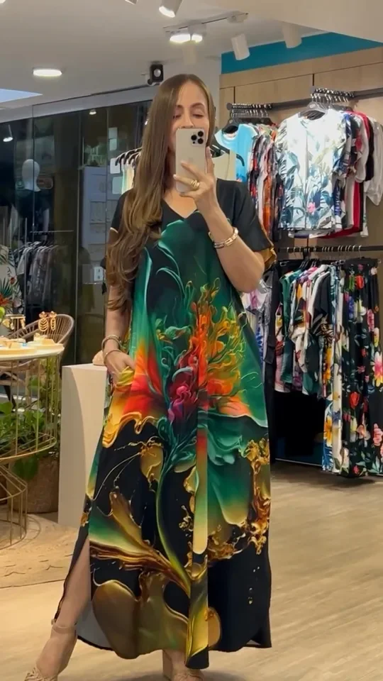 

Women's Fashionable Dress With Elegant Print Loose Slit V-neck Large Size Spring Summer Short Sleeved Jumpsuit Long Skirt