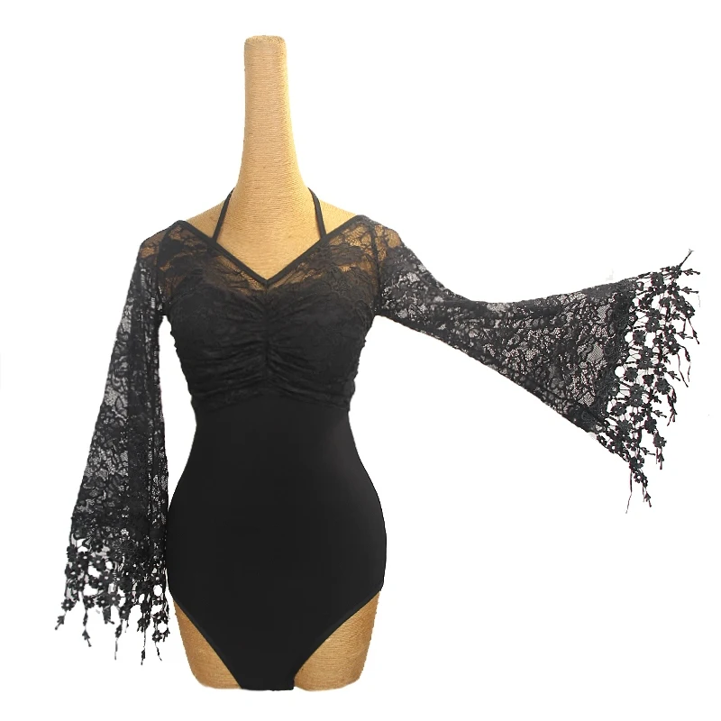 Black Lace Flared Long Sleeves Ballroom Dance Tops Women Latin Dance Clothes Adult Rumba Salsa Dance Performance Wear DNV22048