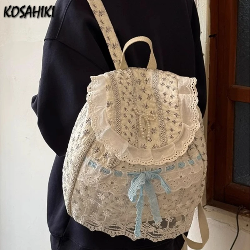 

Korean Lace Patchwork Sweet Bow Backpack Women Students Chic Flower Print Bow Schoolbags Y2k Aesthetic Girls All Match Backpacks