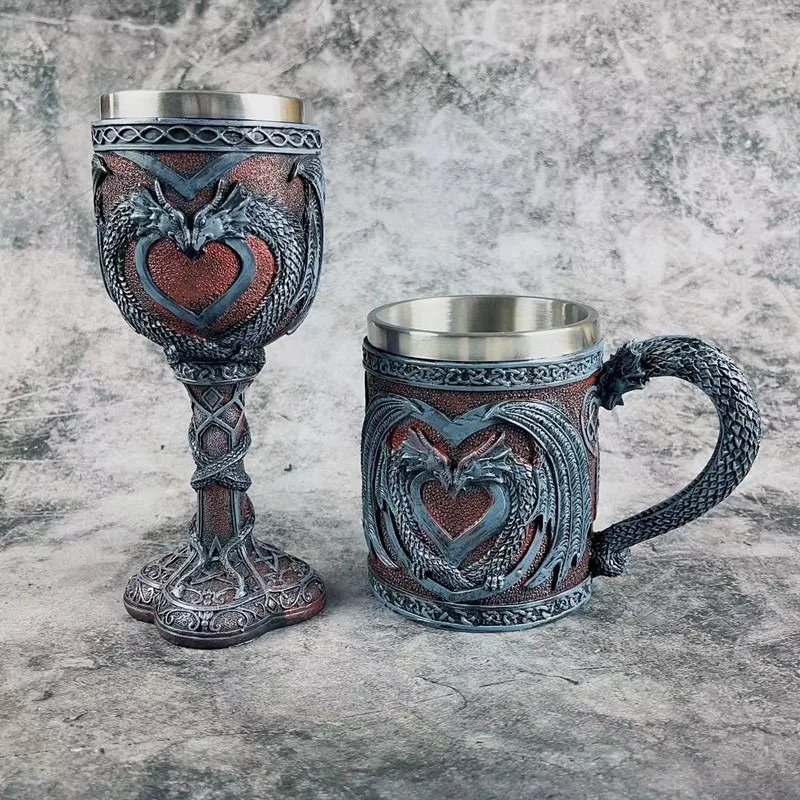 Double Dragon Goblet Medieval Fantasy Beer Mug Creative Vintage Retro Drinking Cup Collectible Home Decor Gift for Men