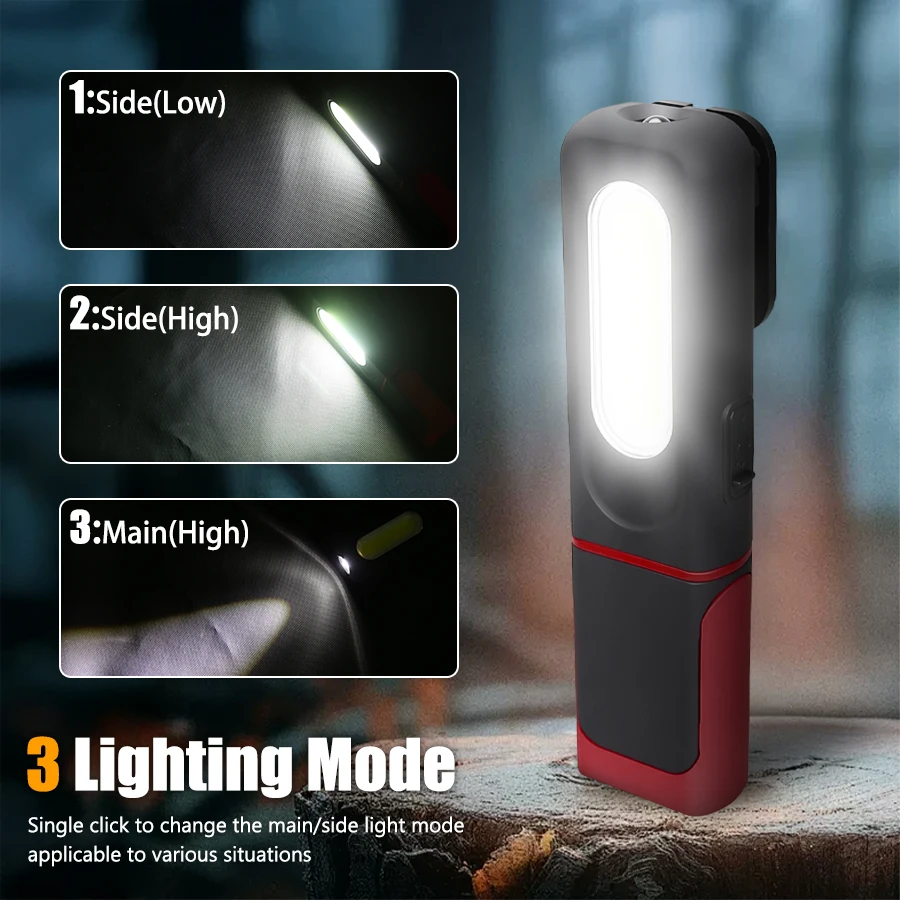 Tragbare LED-COB-Notfall-Taschenlampe mit Magnet und Haken, wiederaufladbare Arbeitsleuchte, 3 Modi, freie Winkeleinstellung, wasserdichte Lampe