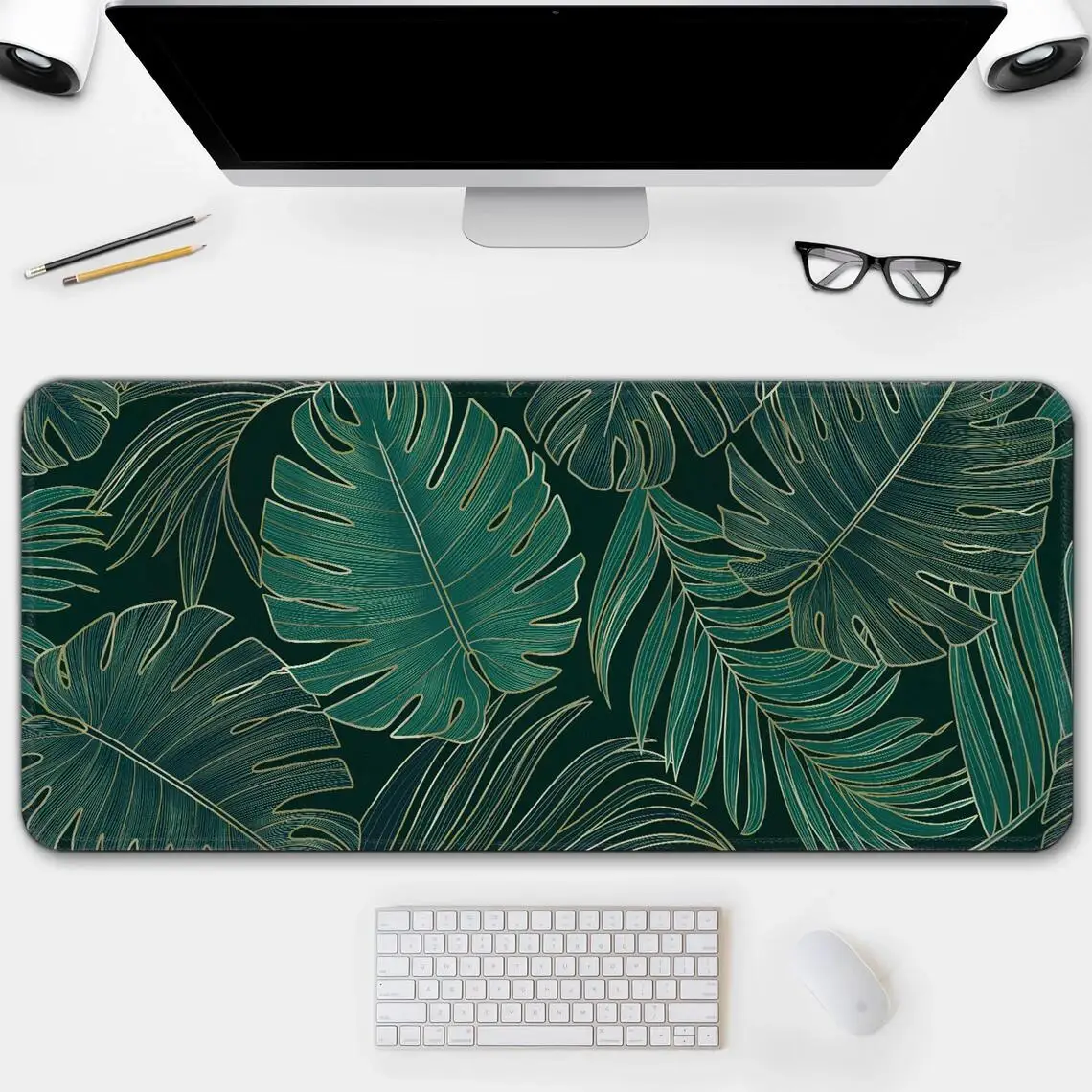 Green Leaf Desk Mat Extended Gaming Mouse Pad Large Desk Pad XXL Non-Slip Mousepad with Stitched Edge Office Pc Accessories