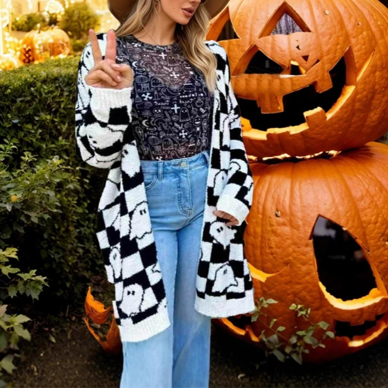 Casual Muster Gedruckt Lange Ärmeln Pullover Mode Street Wear V-ausschnitt Gestrickte Oberbekleidung Herbst Neue Festival Lose Pullover Mantel