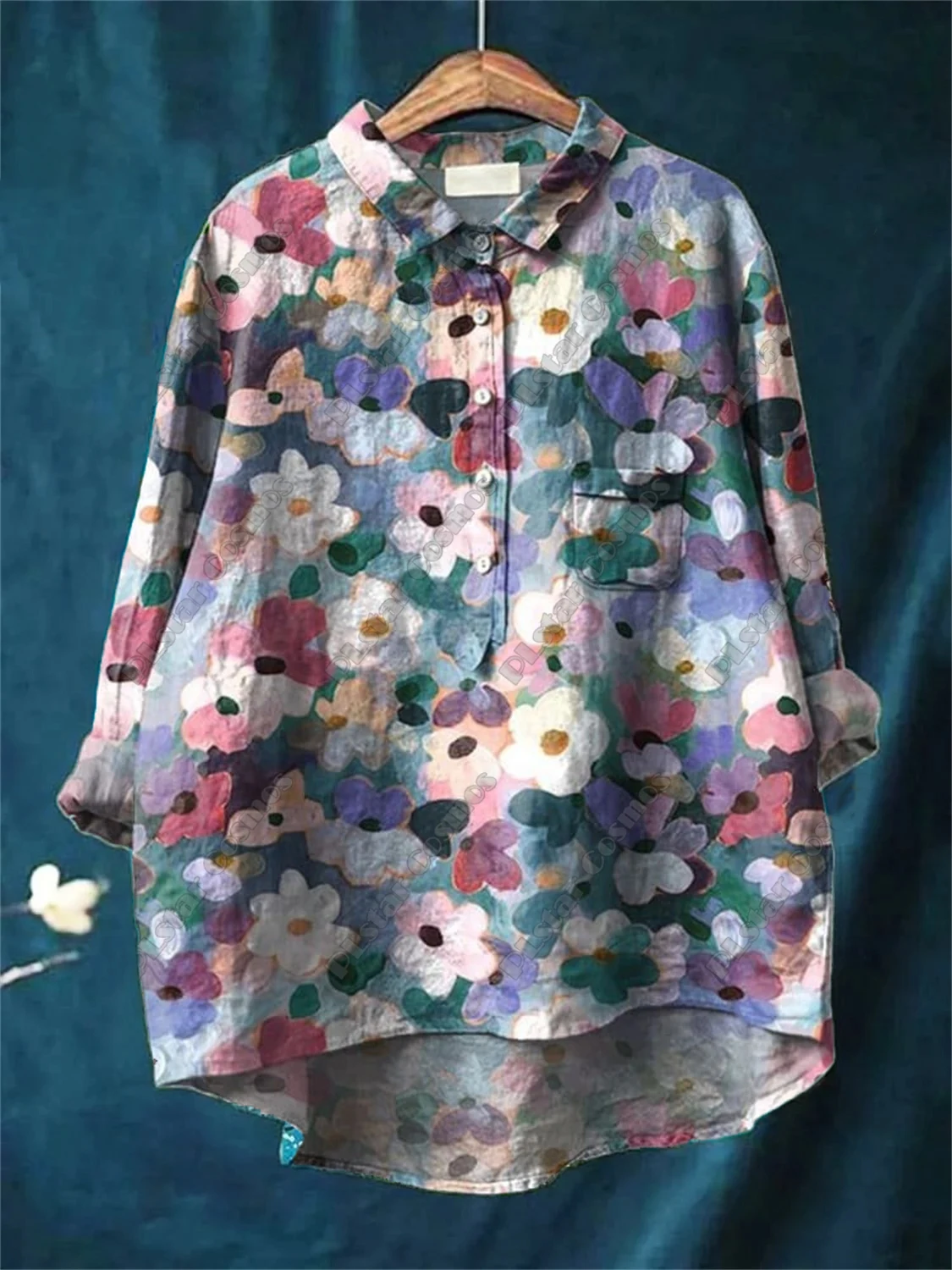 

New 3D printed women's fashion shirts, loose and retro floral fun casual printed shirts with cotton and linen texture