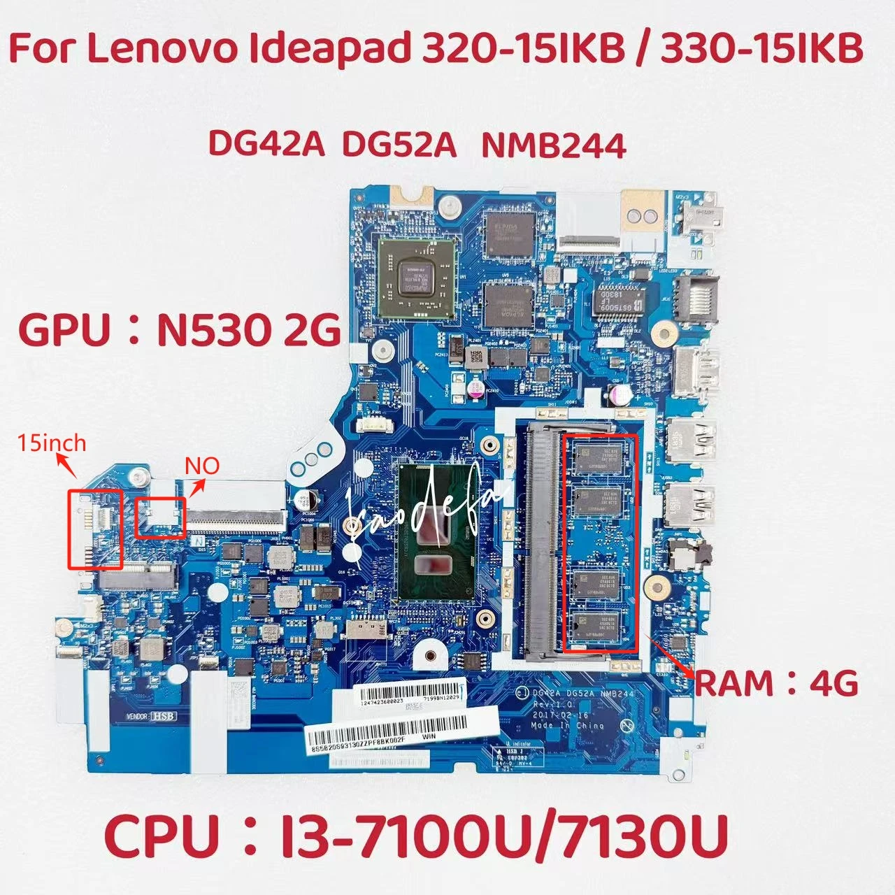 NMB244 NM-B244 For Lenovo ideapad 320-15IKB 330-15IKB  Laptop Motherboard CPU:I3-7100U/7130U GPU:N5320 2GB RAM:4G FRU:5B20S93130