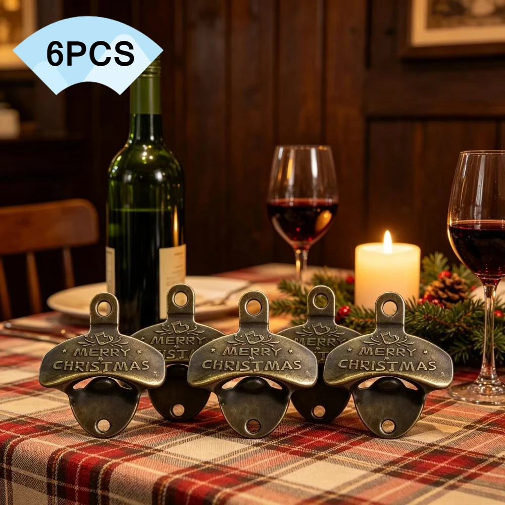 Kitchen Gadgets For Gifts - ที่เปิดขวดติดผนังลายคริสต์มาส 6 ชิ้น ทำจากไม้เนื้อแข็ง สำหรับบาร์บีคิว DIY