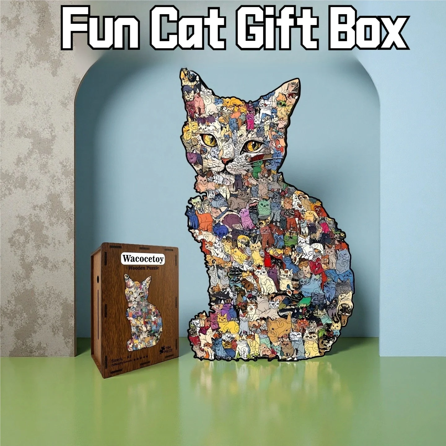 Best-Selling Overseas Unique Cat-Shaped Puzzle + Solid Wood DIY Piggy Bank Two-In-One Set | Creative Animal Puzzle Craft Gift Box for Adults and Teenagers over 8 Years Old, Irregular Animal Puzzle Brain Teaser Toy, Als