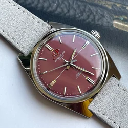 Merkur Watch Wine Red Dial Watch Metal Vintage Casual Dress Watches Handwind Mechanical Watch for Men Relogio Masculino 36mm