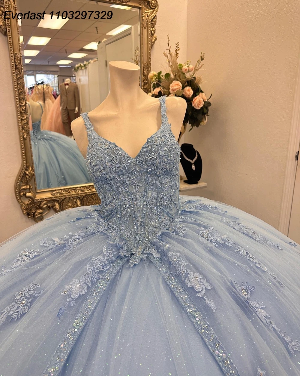 EVLAST Customized Sky Blue Quinceanera Dress Ball Gown Lace Applique Beaded Crystal Corset Sweet 16 Vestido De 15 Anos QD1010