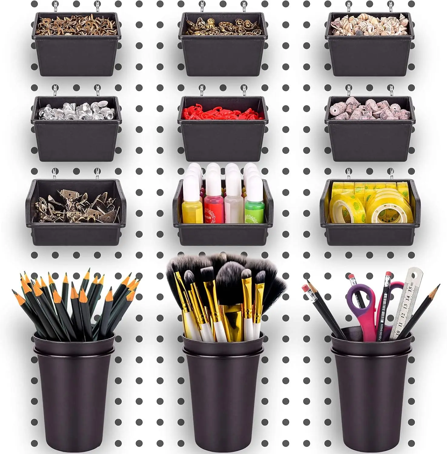 

12 Pack Pegboard Bins with Hooks & Loops, Organizer Kit for Garage Workshop Storage
