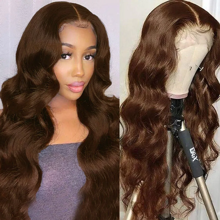 

Chocolate Brown Body Wave Lace Front Wig Transparent 13x4 Lace Frontal Wig Human Hair #4 Brown Colored Human Hair Wigs For Women