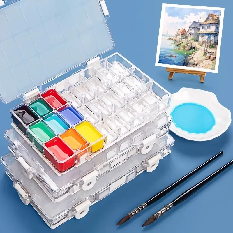 caixa de armazenamento de pintura de plastico portatil paleta aquarela oleo acrilico guache subpacote de pintura art supply 12 24 36 54 grades 01