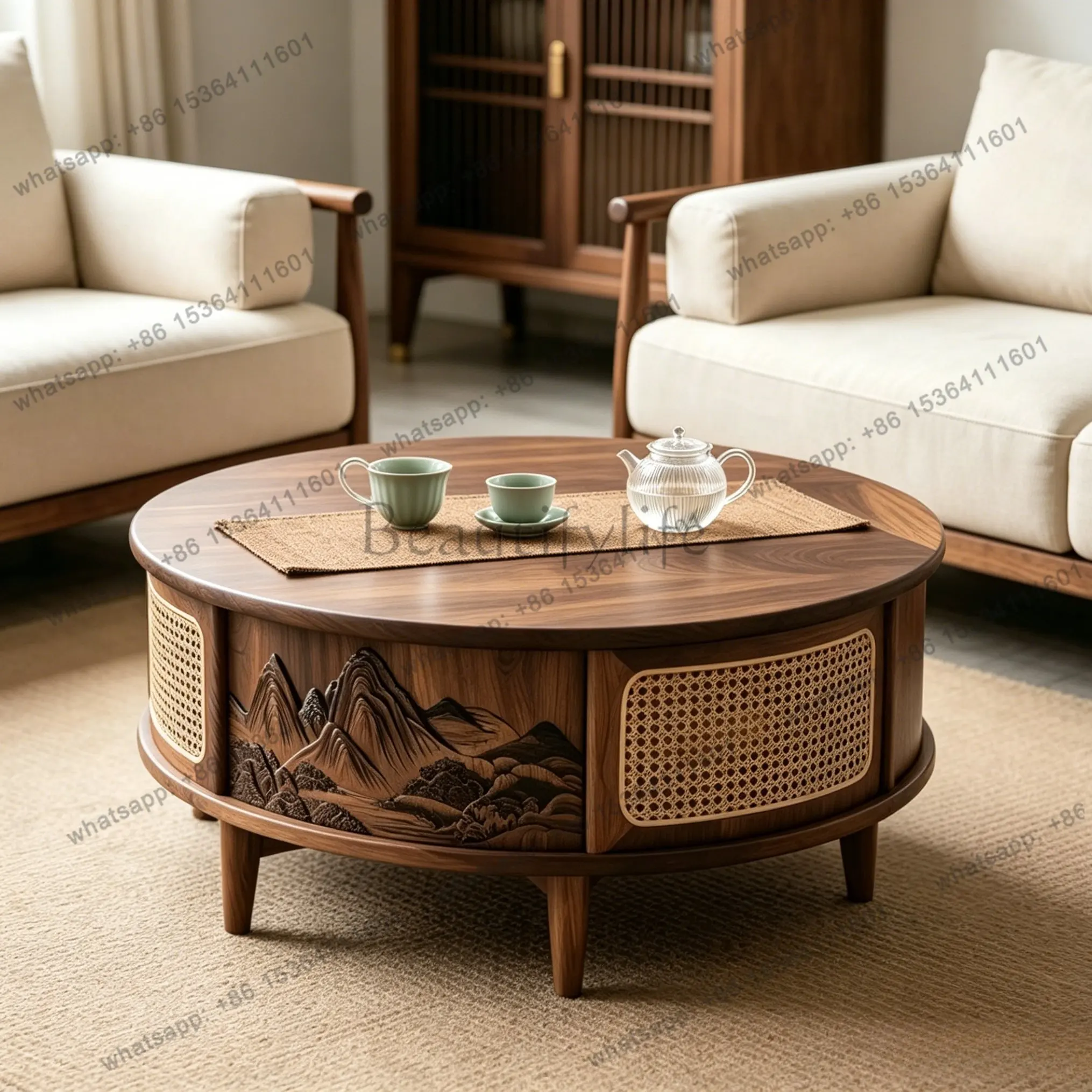 YJ medieval black walnut rock slab round coffee table with drawers storage living room modern simple rattan