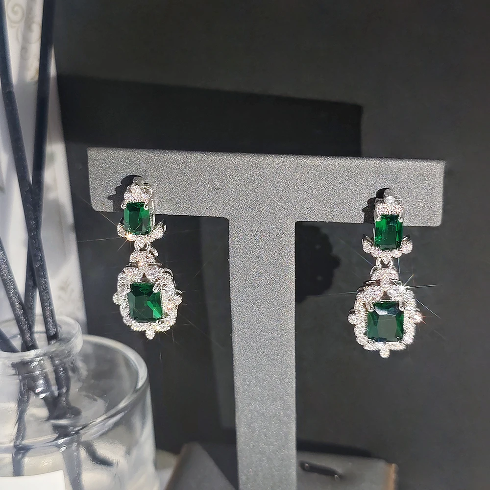 2024 New Luxury Green Color Rectangle silver color korean Earrings for Women Anniversary Gift Jewelry Wholesal E6522