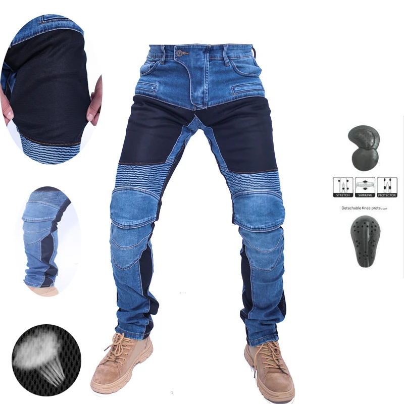 

PK719 Motorcycle Outdoor Men Pants Protective Gear Riding Touring Blue Black summer Breathable mesh hole Motocross Moto Jeans