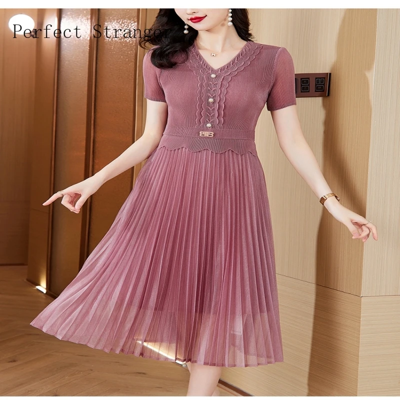 2025 Summer V-neck Dress for Women Short Sleeves Printed Bead Mesh Spliced Pleated V Collar Women Long Dress