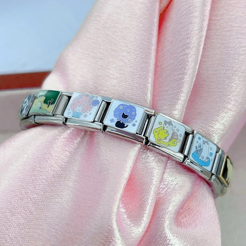 Fashion Women Men Y2k Cute Colorful Cats Italian Charm Link Fit 9mm Stainless Steel Bracelets Making DIY Jewelry Beads image 2