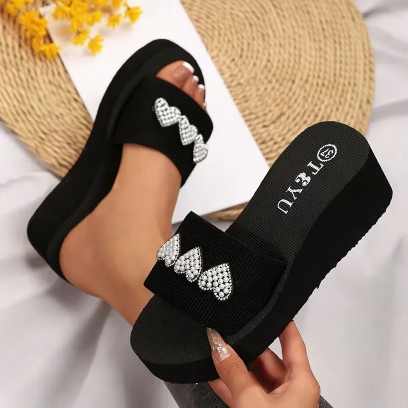 Heart Beaded Crystal Wedge Heel Slippers Woman Summer Plus Size 36-42 Fashion Beach Platform Sandals Women Thick Sole Slippers