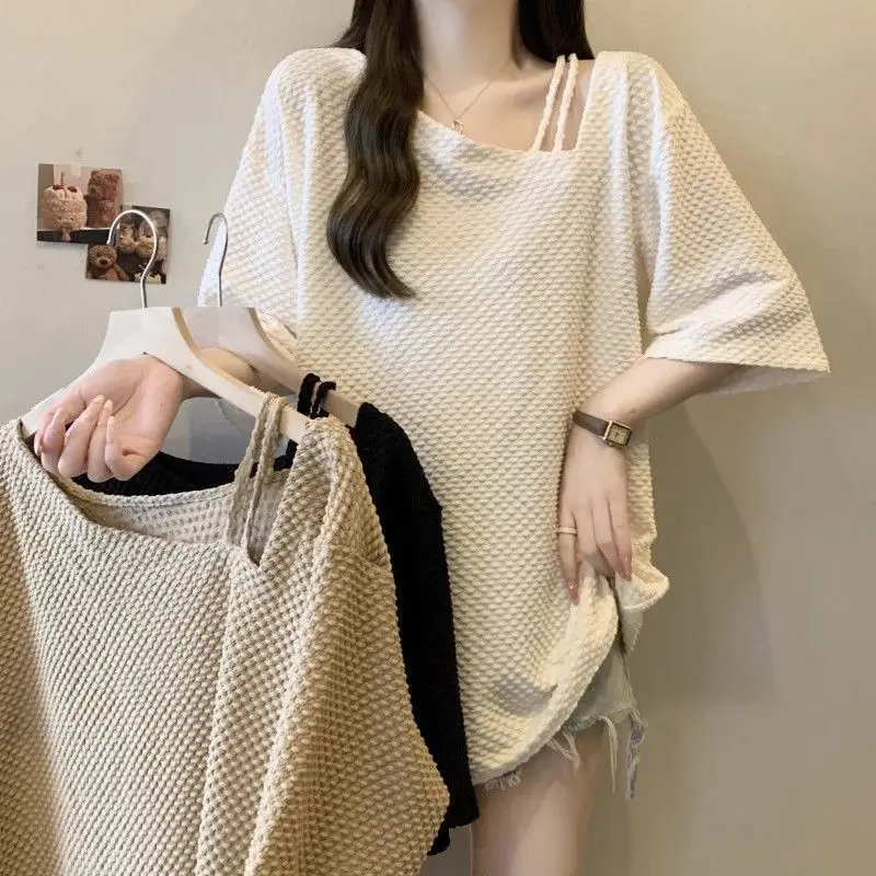 Plus-size Women's Spring And Summer Hit Pure Color Lazy Style Loose Slimming Irregular Short-sleeve T-shirt For Women
