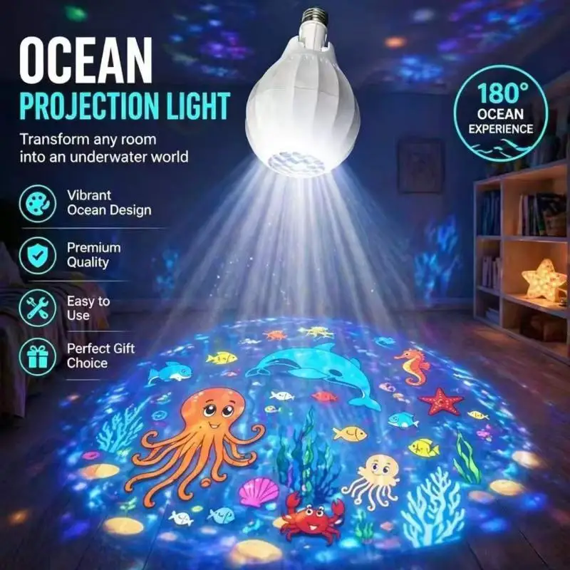 Mini Laser Light E27 Lamp Head Ocean World Pattern Lighting Projection Light Rotating Flash Stage Home Decoration