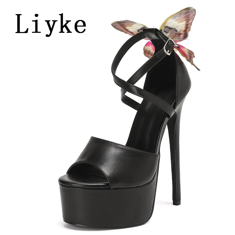 

Liyke Women Sexy 16CM Fetish Sandals Fashion Butterfly Ankle Strap Peep Toe Black Platform High Heels Stripper Pole Dance Shoes