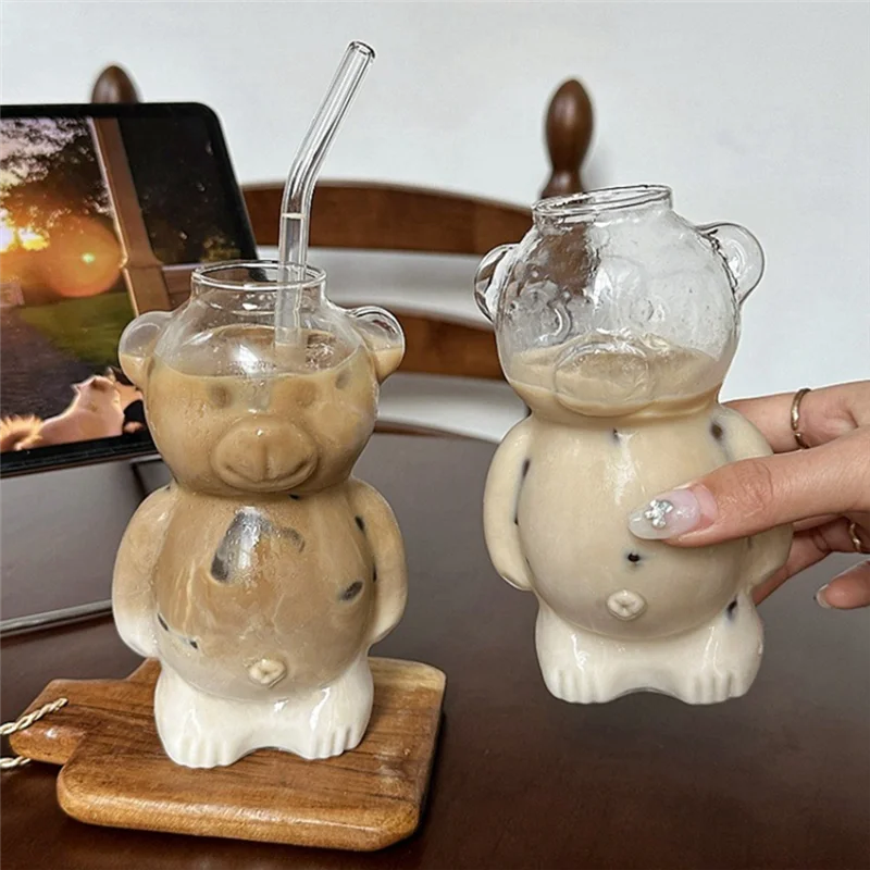 

-AT37 2Pcs Bear Cup Online Celebrity Restaurant Coffee Cup Cute Cartoon Glass Water Cup With Straw Family Set