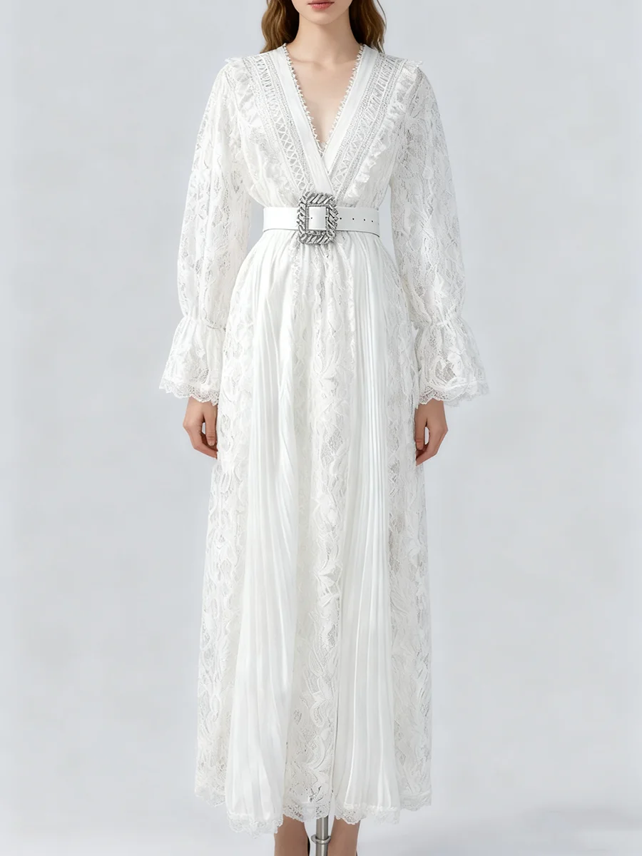 TWOTWINSTYLE Eleganckie sukienki damskie z koronką, wycięciami i wstawkami, dekolt w serek, długie rękawy, patchworkowy pasek, nowa kolekcja.